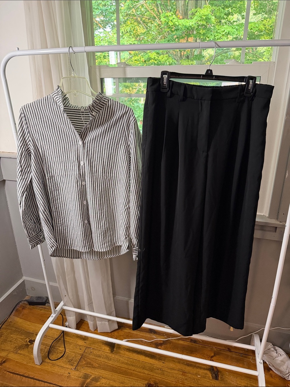 Classic Wide-Leg Women's Pants in Black & striped button down